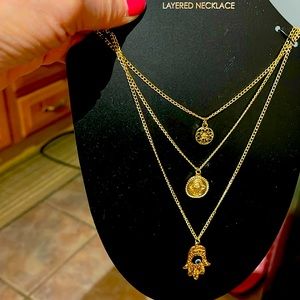 New/three-piece layered gold Hamsa hand necklace with extra long extender